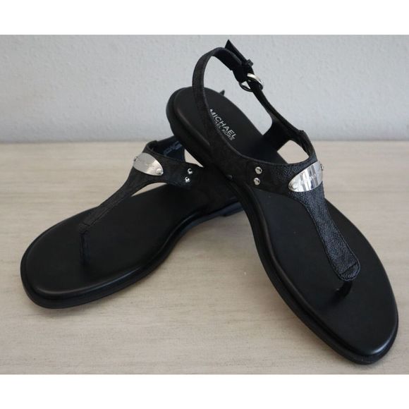 Michael Kors ME21K Women's Sz 9M Black Mallory Leather Logo T-Strap Sandals - Picture 1 of 9